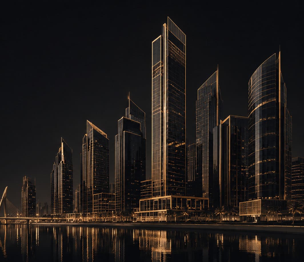 Business Bay skyline and canal bridge lit up at night in Dubai