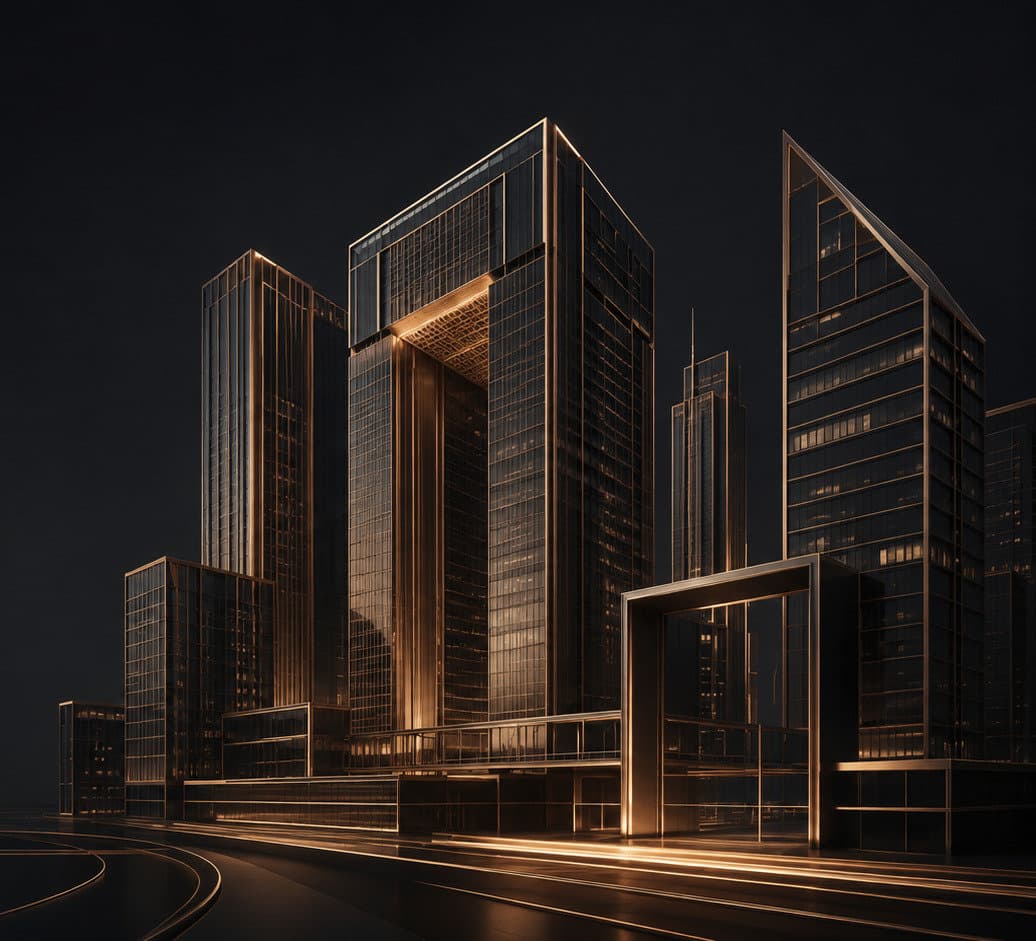 DIFC financial district office towers illuminated at night in Dubai