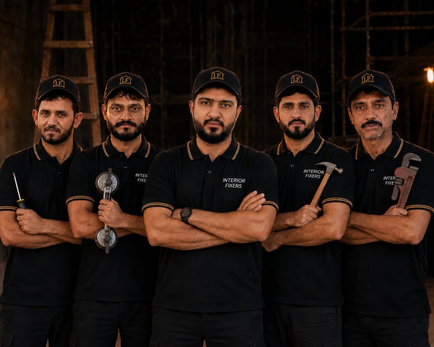 Team of Interior Fixers technicians in branded black and gold uniform and caps, holding hand tools, standing together in Dubai
