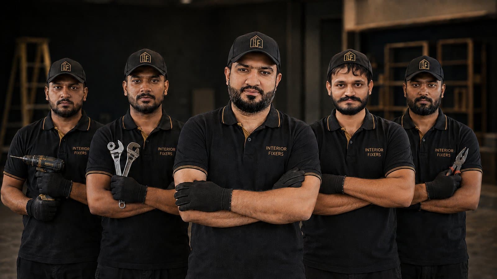 Team of Interior Fixers technicians in branded black and gold uniform standing together in Dubai