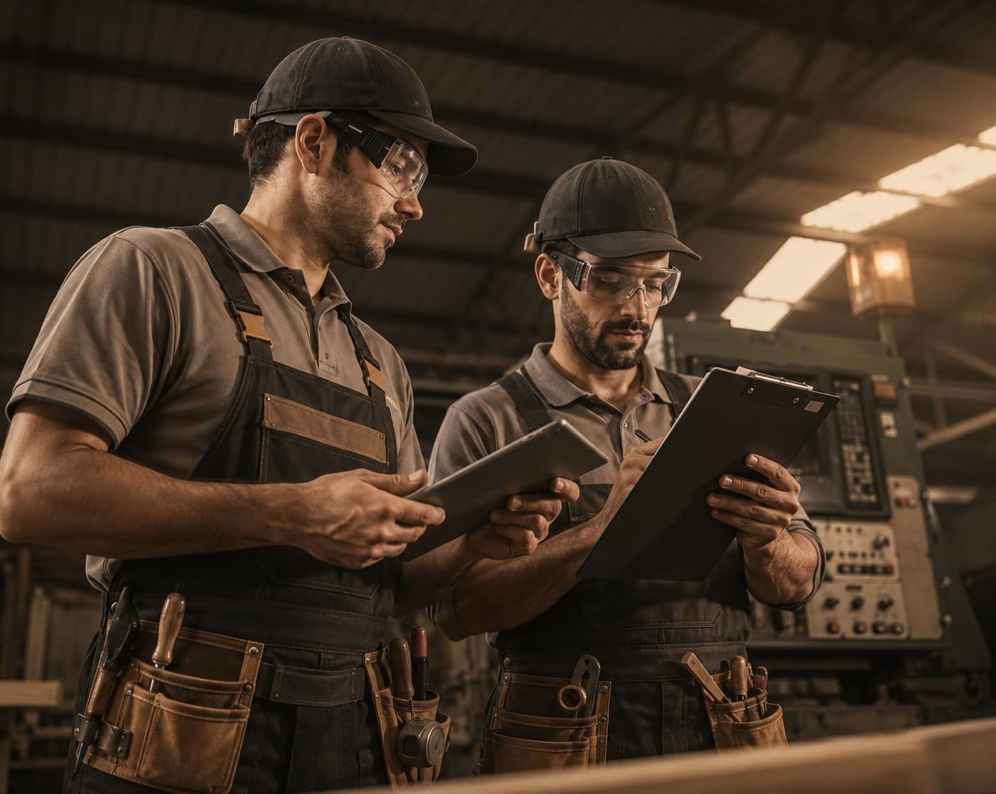Two technicians reviewing a job plan on a tablet and clipboard inside a workshop