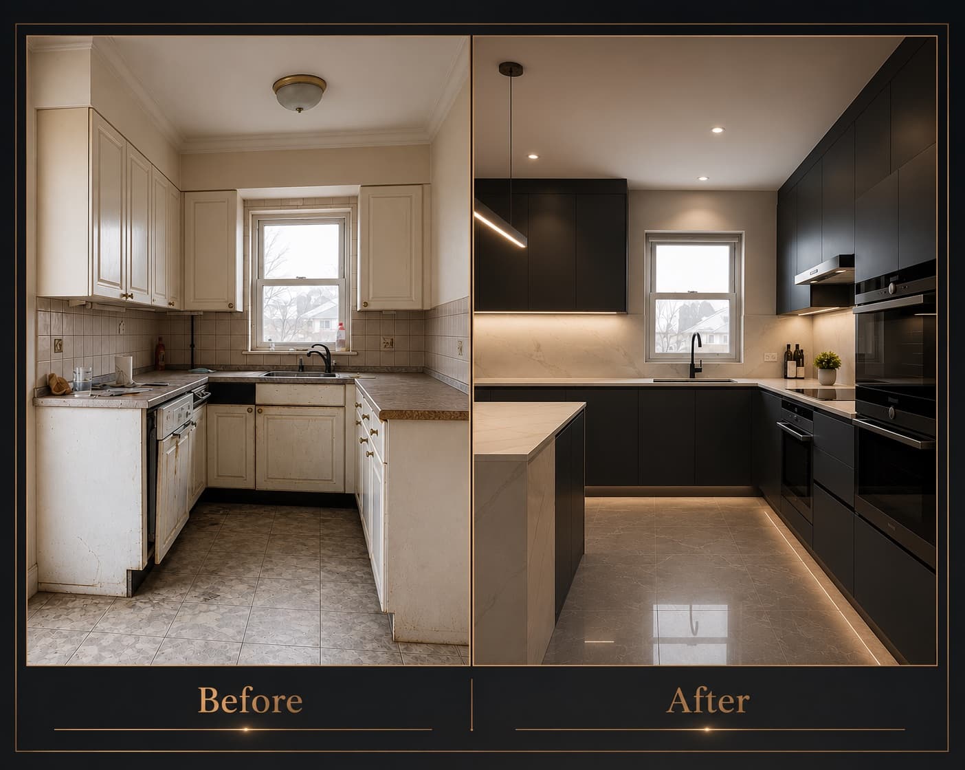 Before and after comparison of a dated kitchen renovated into a modern black kitchen with a marble island