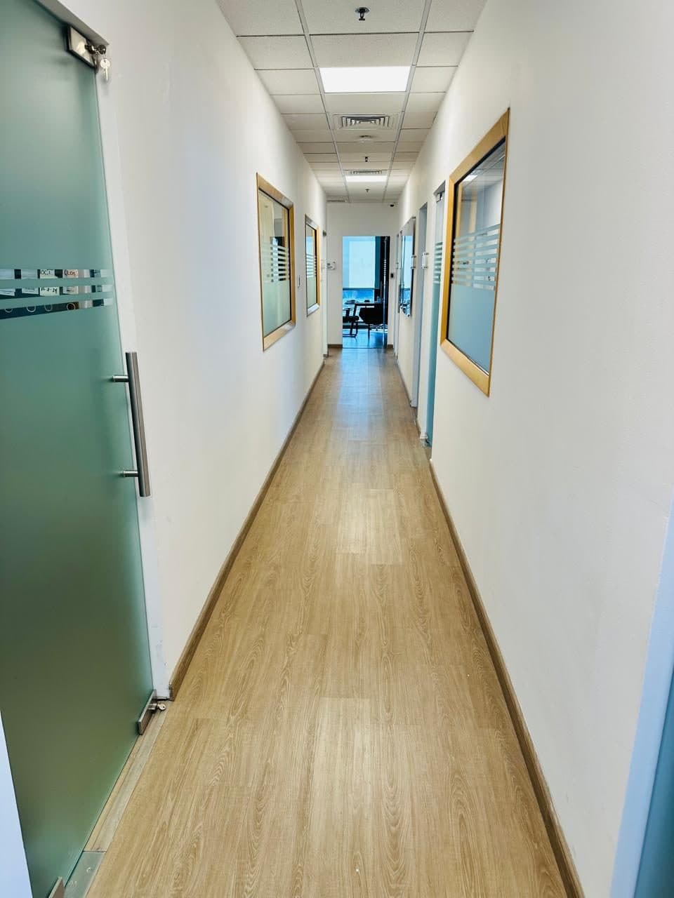 Completed office corridor with wood-look vinyl flooring, a suspended ceiling and frosted glass doors.