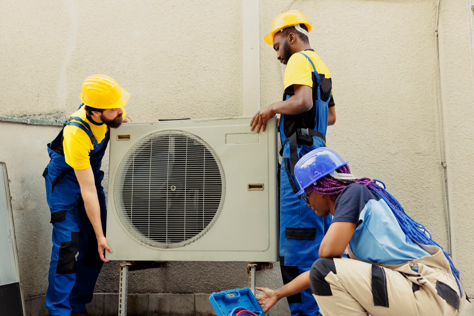 Team of technicians repositioning an outdoor AC condenser unit during a repair