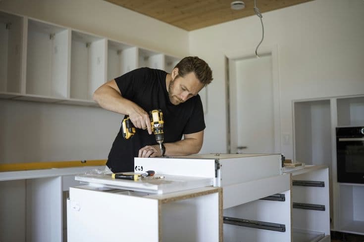 Carpenter drilling into a modular kitchen cabinet drawer during installation