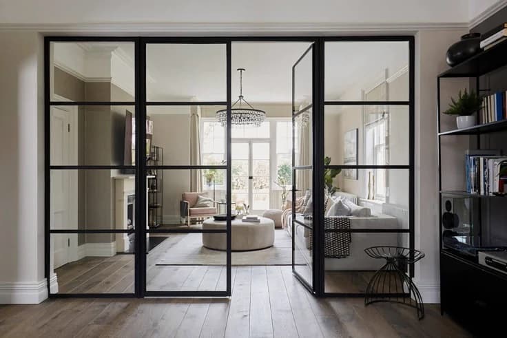 Black-framed glass sliding doors opening into a bright living room