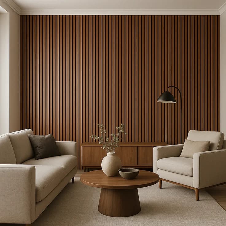 Wood-slat feature wall cladding behind a living room seating area