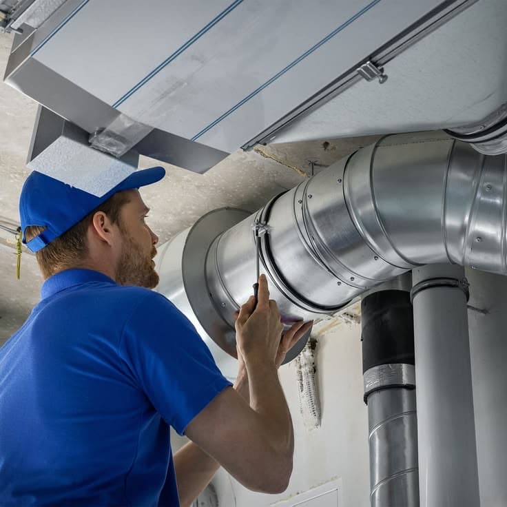 Technician inspecting metal ducting and ventilation pipework overhead