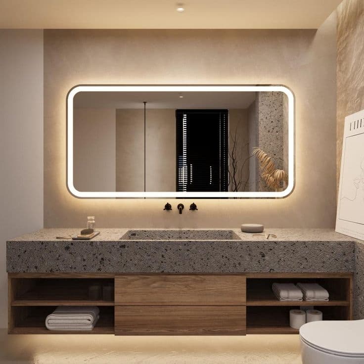 LED-illuminated vanity mirror fitted above a stone bathroom countertop