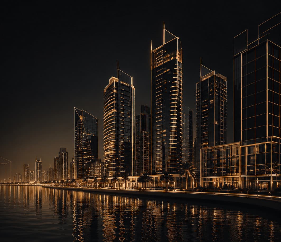 Illuminated Dubai Marina waterfront skyscrapers reflected in the water at night