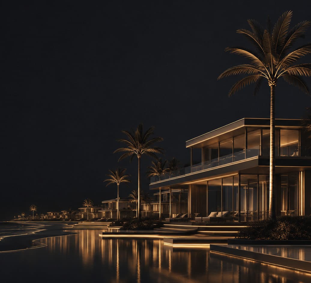 Jumeirah beachfront villas with palm trees at night in Dubai