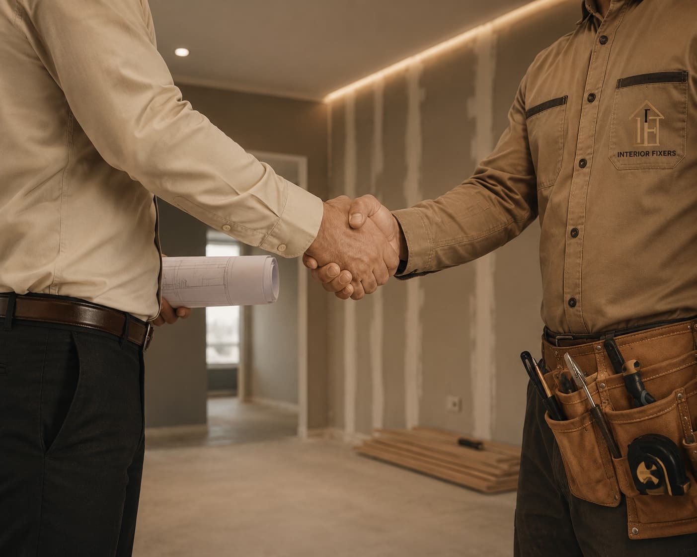 Client and an Interior Fixers technician shaking hands inside a room mid-renovation