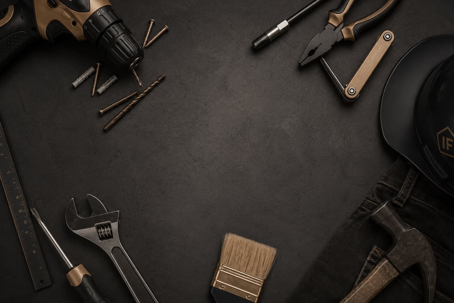 Flat lay of hand tools, a paintbrush and a branded Interior Fixers hard hat on a dark textured surface