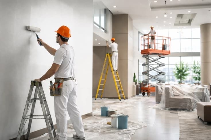 Painter on a ladder rolling white paint onto a wall in a commercial interior